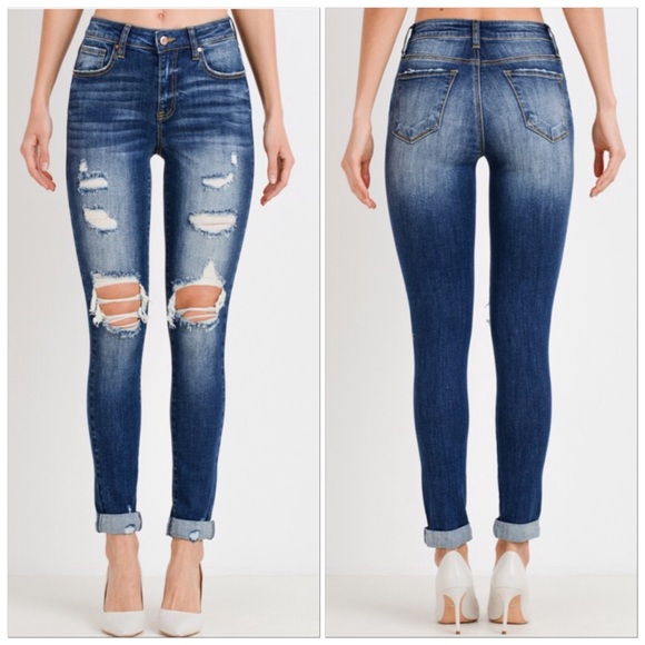 🆕Medium Dark Blue High-Waist Busted Knee Distressed Straight-Leg Skinny Jeans - Picture 5 of 5